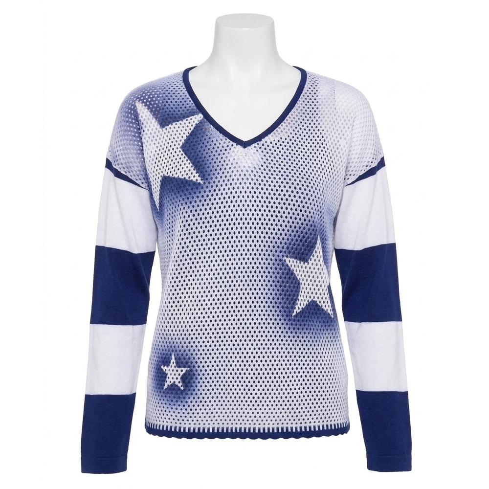 NEW ANGEL APPAREL star crochet knit top in white/navy